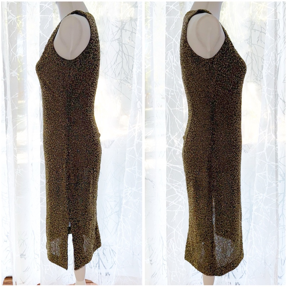 VINTAGE BLACK TIE OLEG CASSINI GOLD BEADED SLEEVELESS MIDI GOWN - Picture 3 of 16